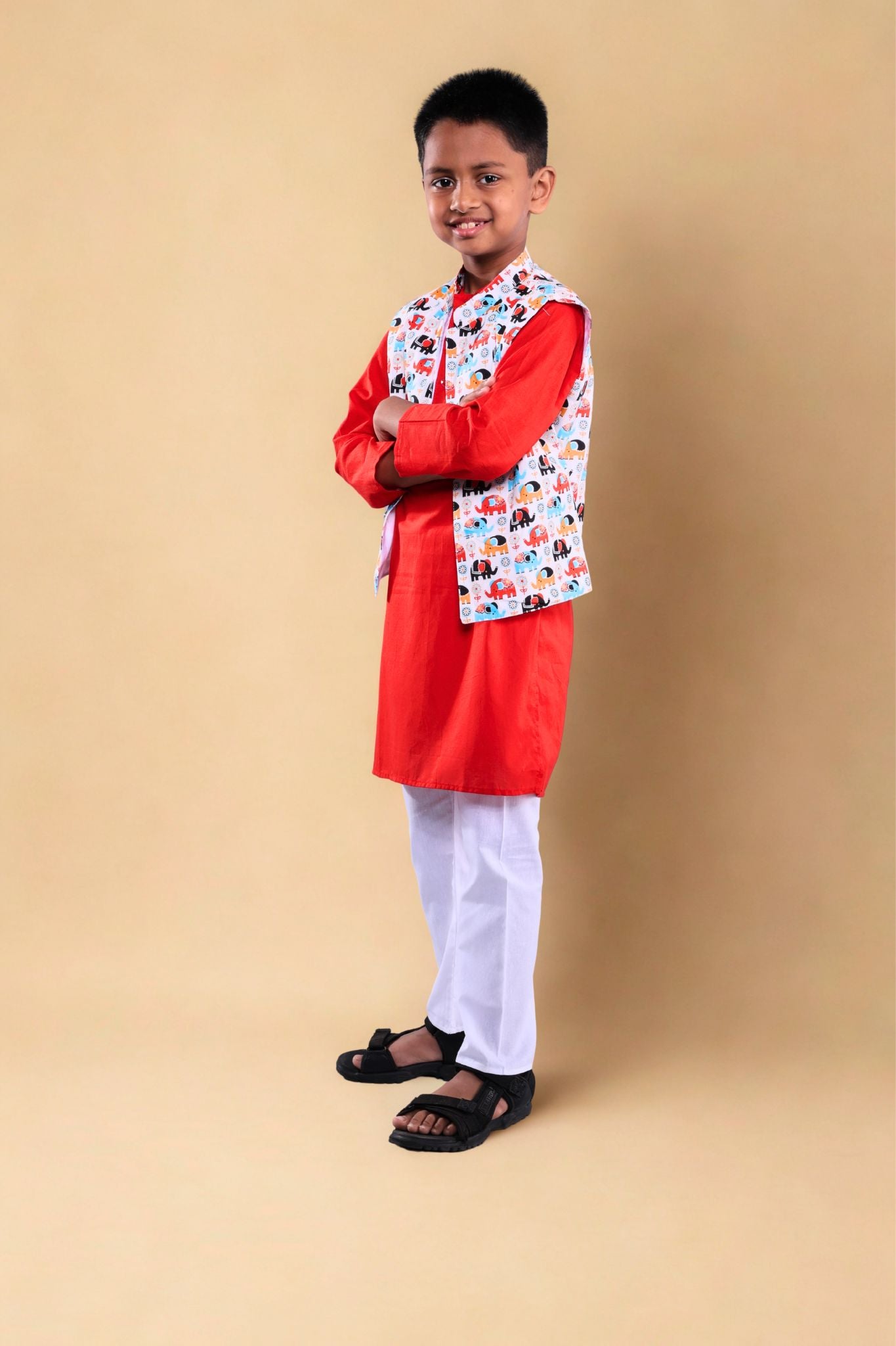 Quirky Printed jacket with plain kurta set (Red)