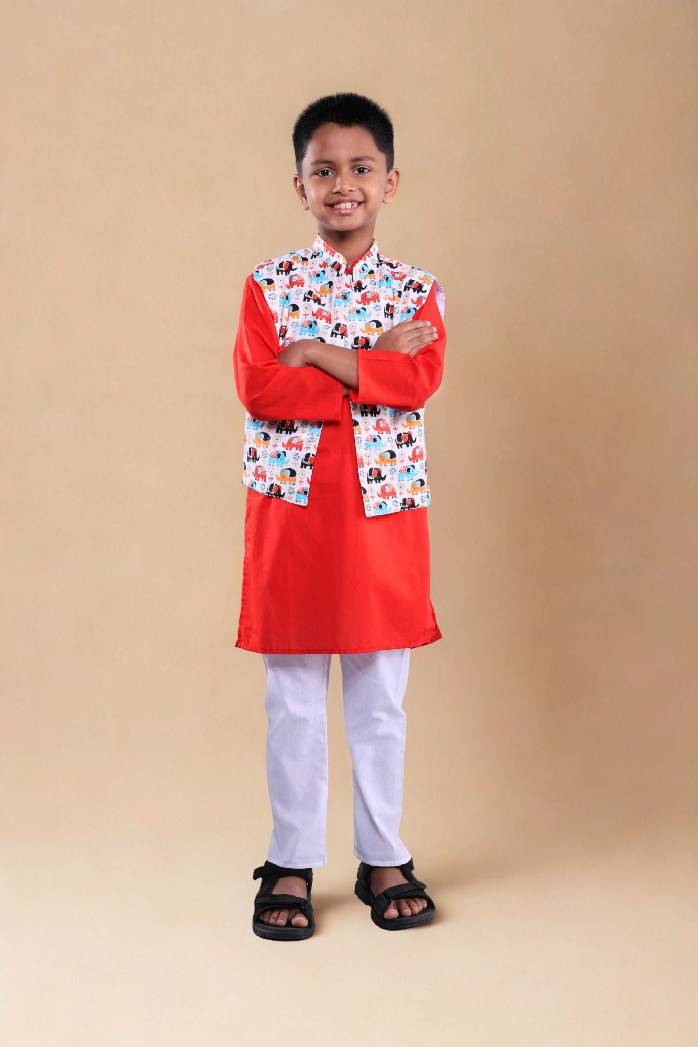 Quirky Printed jacket with plain kurta set (Red)