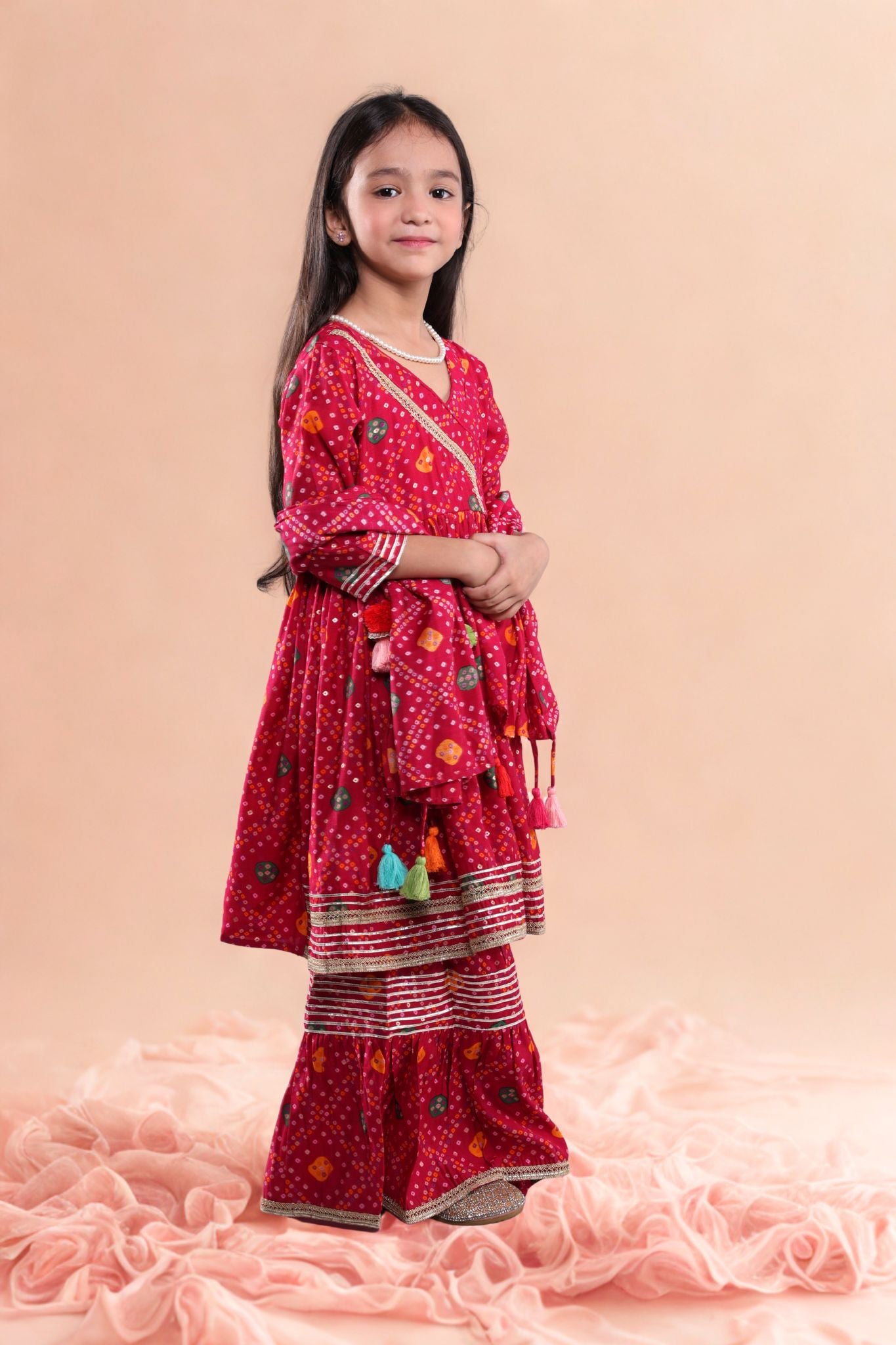 Mini Maharani Baandhni Garaara set Wine Red