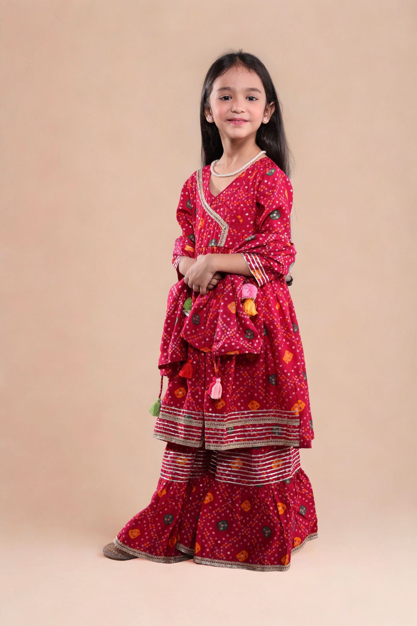 Mini Maharani Baandhni Garaara set Wine Red