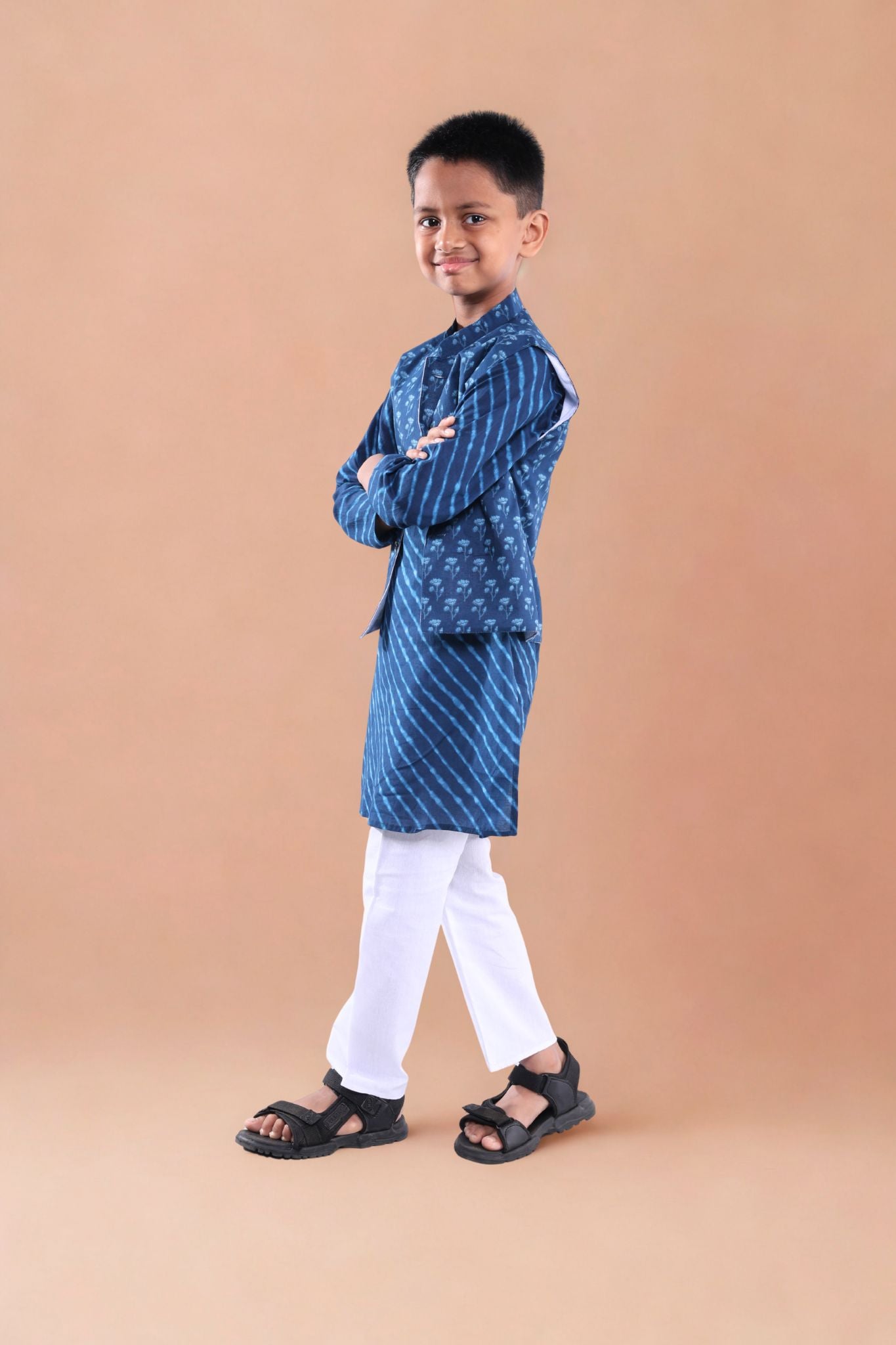 Nawab-e-Mini Printed Kurta pajama set with Jacket Navy blue