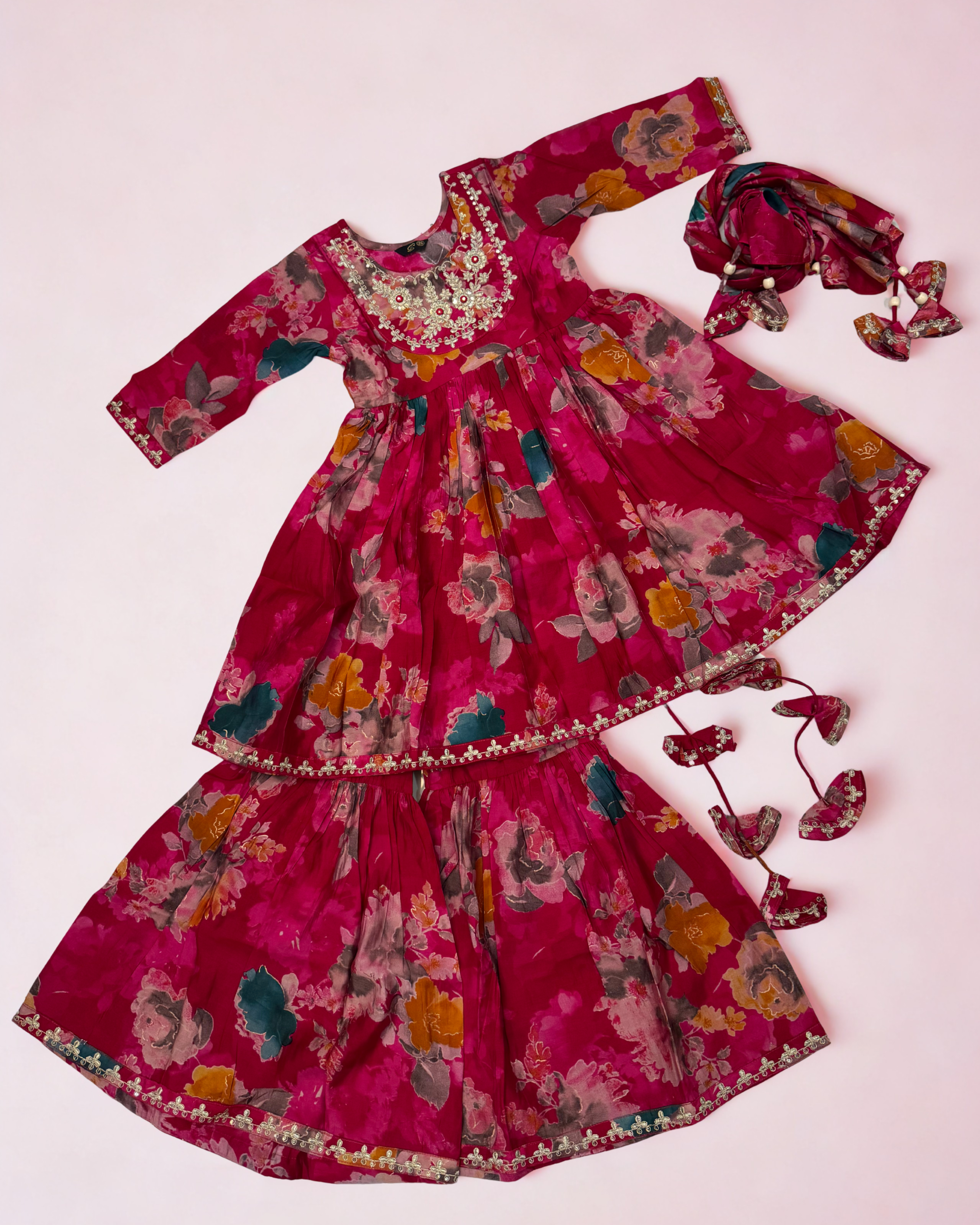 Mini Maharani Printed Baandhni Garaara set Red with Dupatta