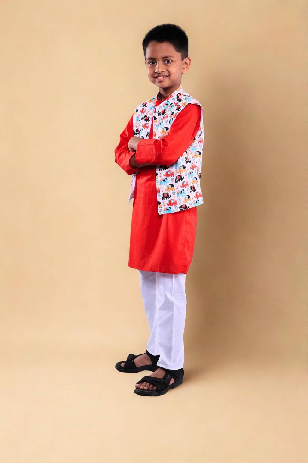 Quirky Printed jacket with plain kurta set (Red)