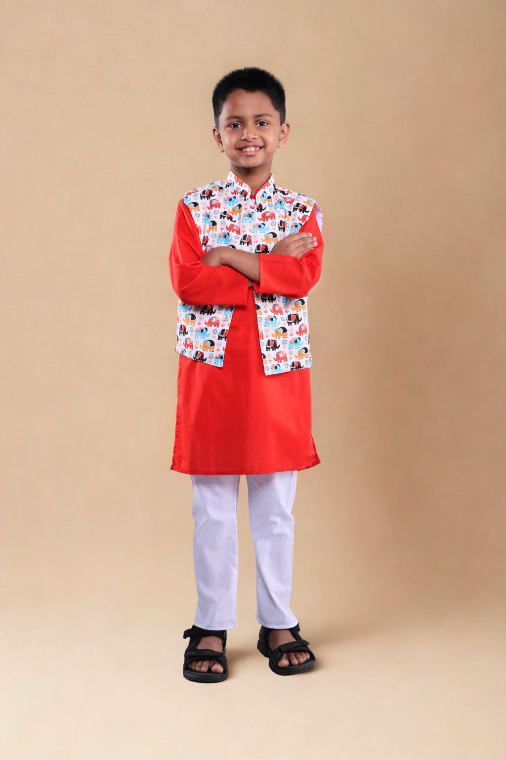 Quirky Printed jacket with plain kurta set (Red)