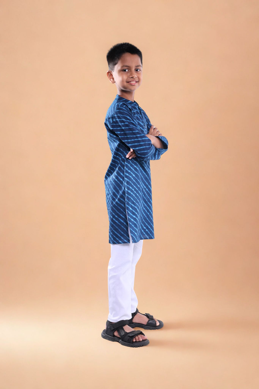 Nawab-e-Mini Printed Kurta pajama set with Jacket Navy blue