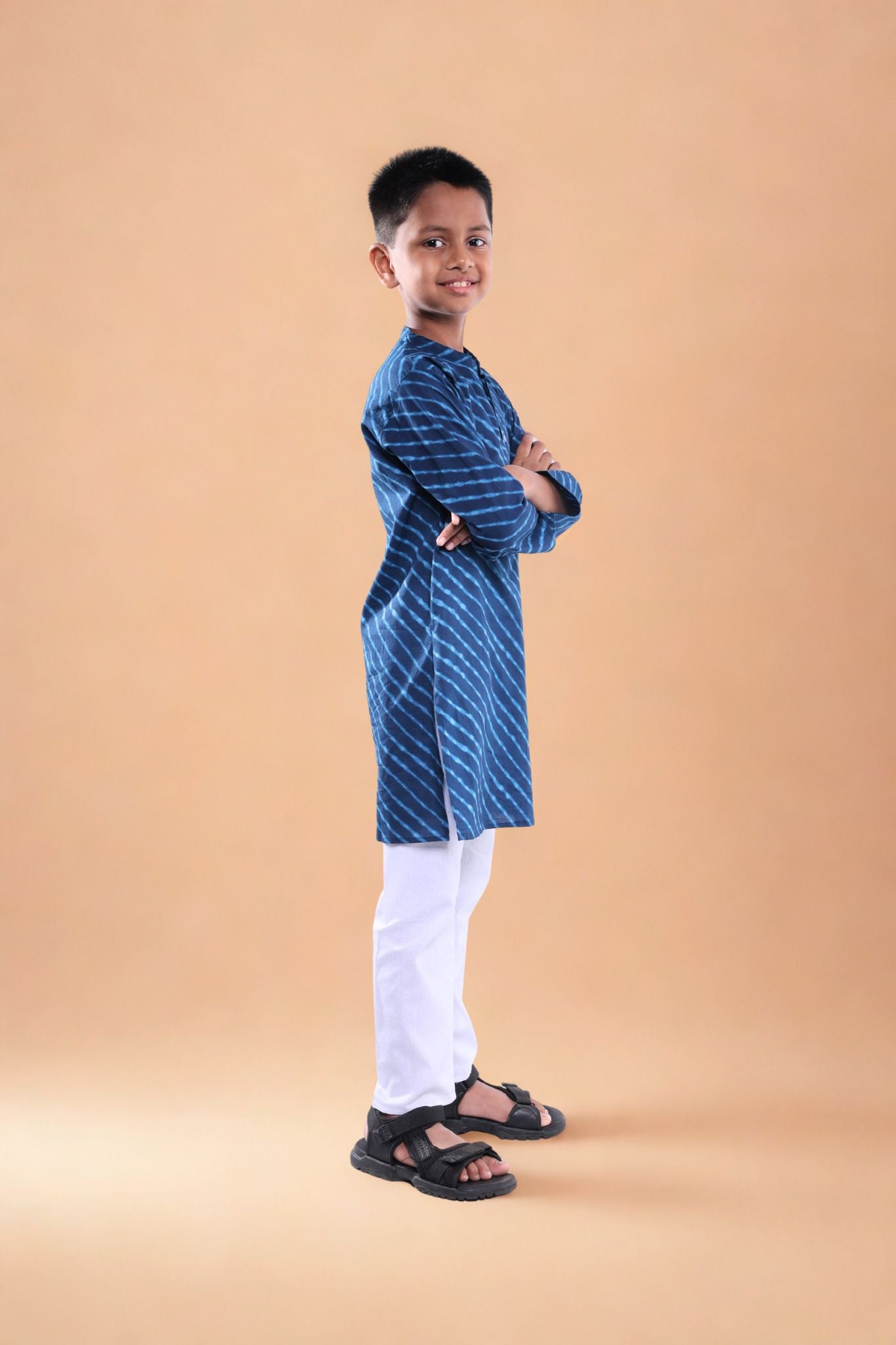 Nawab-e-Mini Printed Kurta pajama set with Jacket Navy blue